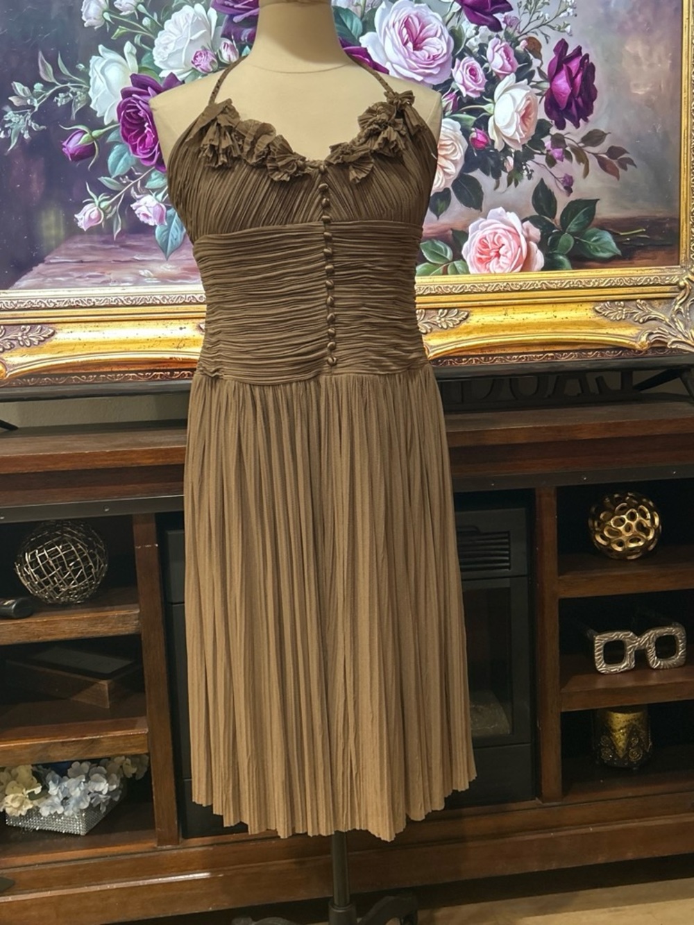 BCBGMaxAzria Brown Pleated Halter Cocktail Dress